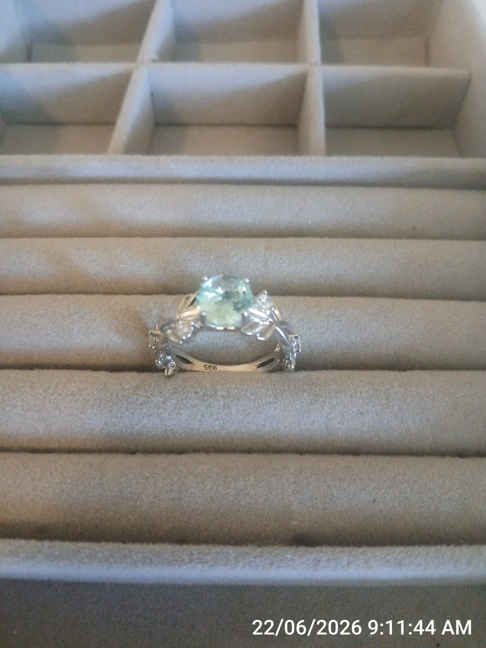 Sterling Silver Floral Ring with Light Green Center Stone - Picture 2 of 5